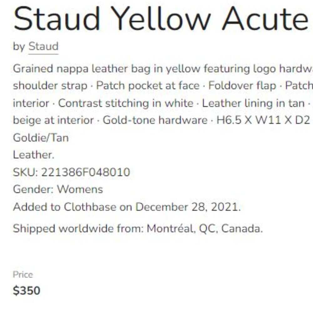 Iconic STAUD "Acute" Napa Leather Shoulder Bag in Goldie/Tan, NWT - Picture 13 of 13